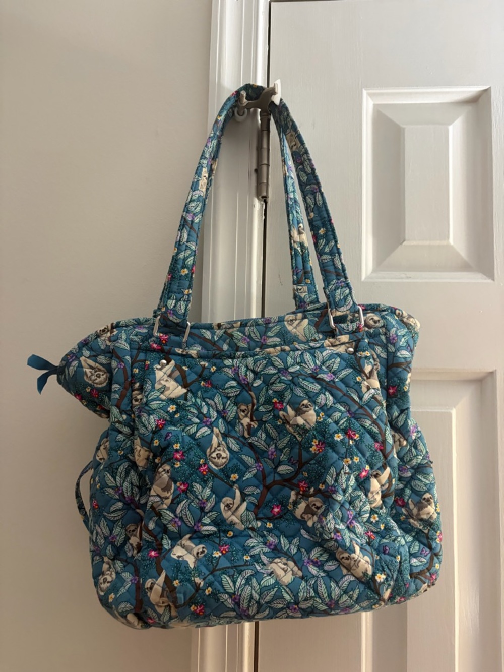 Quilted Teal Sloth Print Tote Bag